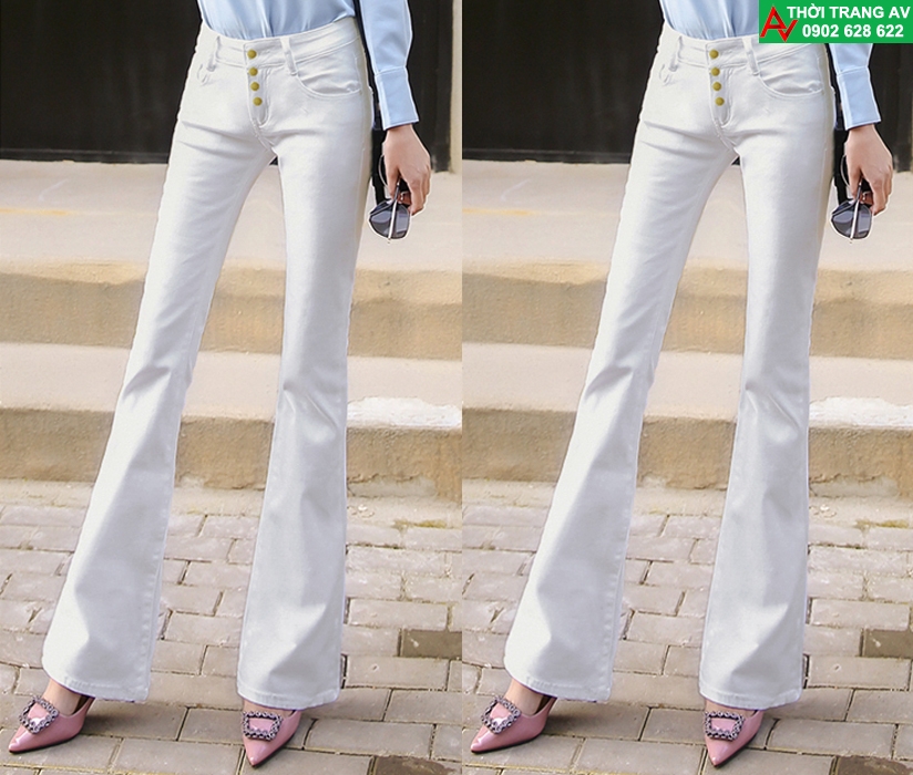 Quần jean trắng lưng cao 4 nút ống loe cực xinh
