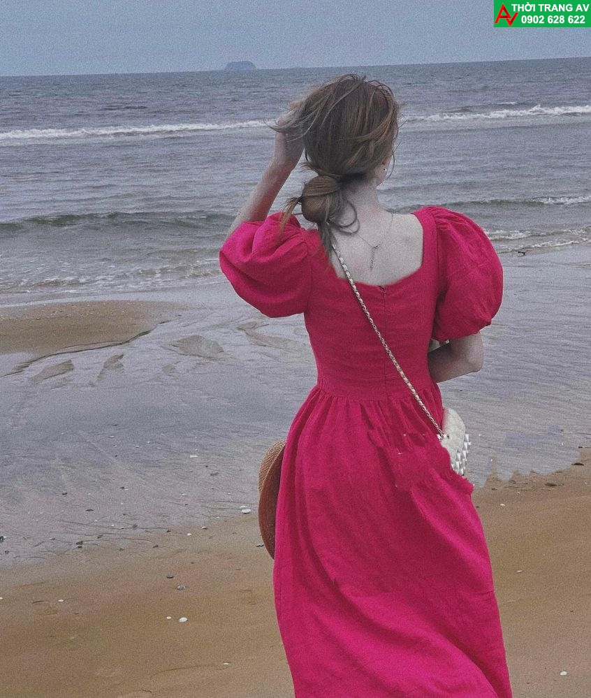 Đầm xòe dạo biển cổ vuông tay bo thắt nơ eo dễ thương